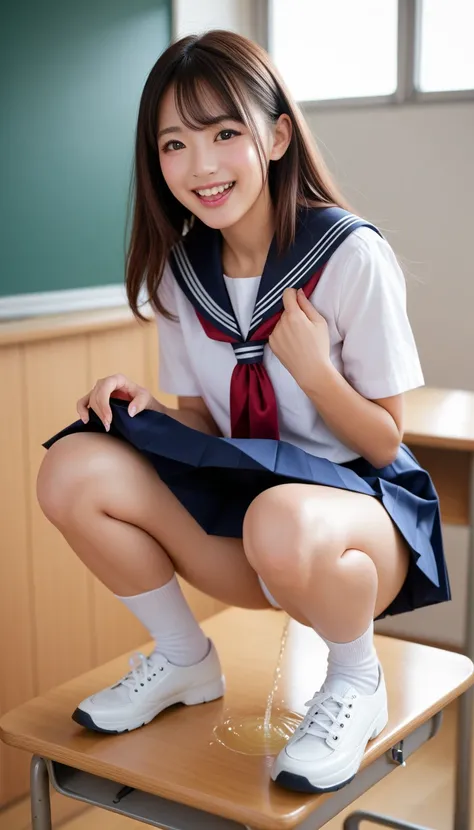  score_9, score_8_ up, score_7_ up, s uper detailed,  Realistic Pictures、 realistic skin、  wearing high school uniform 、 Miniskirt 、Squat on the desk、 peeing 、Embarrassing but happy、Trance Expression、Wearing socks、 knee open