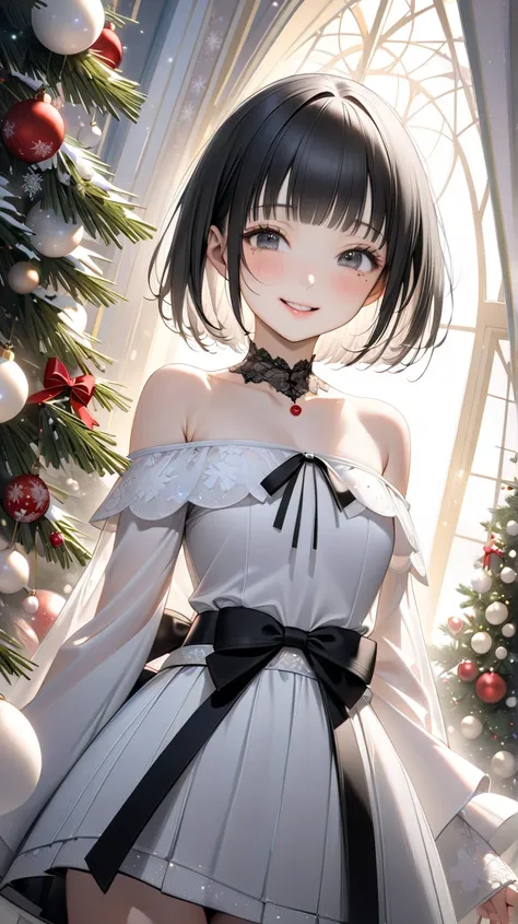 solo。
  realistic drawing。 high image quality。 High Quality 。 Digital Painting。Pale colors。


（ Japanese beauty 、 Slender 。 small tits、Small chest）
（Black Gothic、 BABY DOLL、 Santa Claus、 off-shoulder。 Miniskirt 、 low rise underwear）
（ black、 pixie cut 、 st...