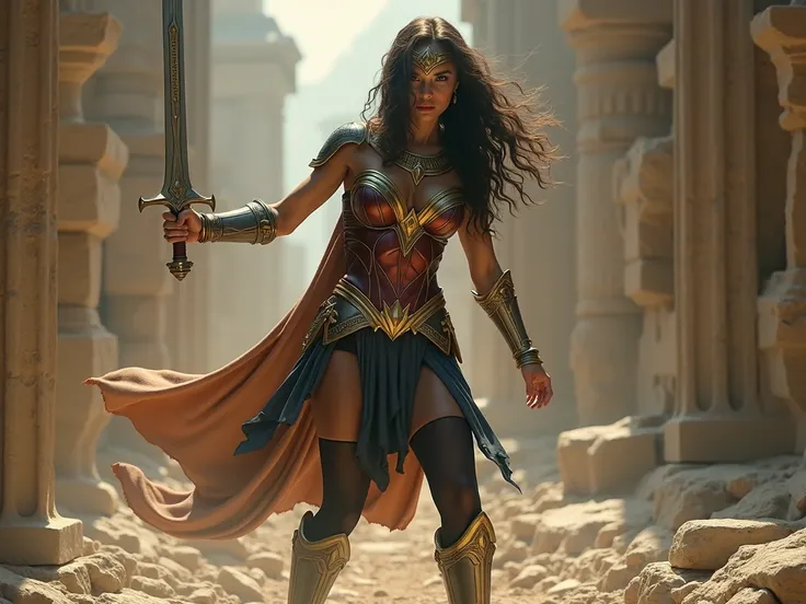 Beautiful European with legs in black pantyhose and  looking like wonder woman in her armor and boots, wearing one sword and golden necklace, fighting a battle inside ancient temple ruins