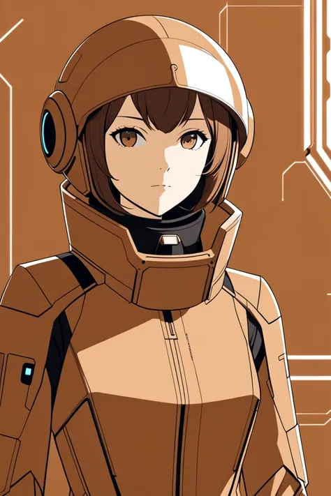 A female officer, with a skinny build. He is wearing a simple insect shaped armor in a brown color with minimalist futuristic details. The style is futuristic anime. The setting is clean and minimal, a sci-fi-themed background, no text or symbols. The colo...