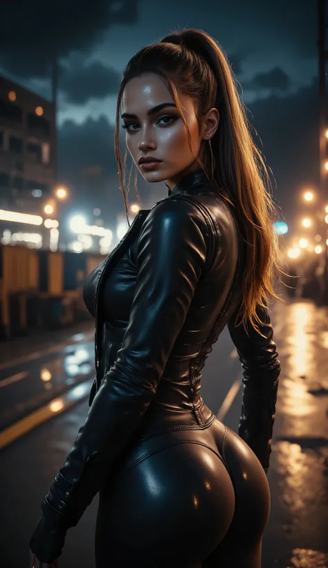 arafed woman with a brown eyes and bold makeup. Shes wearing a tight leather bodysuit with latex pants and a leather jacket, her long hair is styled in a sleek updo, hazel eyes, perfect make-up, cannon 6d, octane render, power pose, striking, expressive lo...