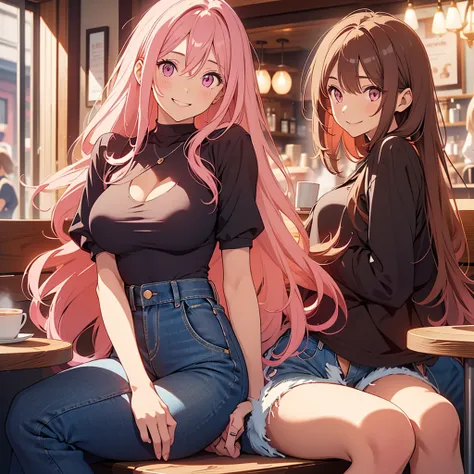 a human woman; long-haired pink; vibrant pink eyes; fair skin; thin waist; wide hips; big breasts; wearing a brown coat slightly draped over his arms; a low-cut black blouse; denim shorts; inside a café, sitting; having a coffee; with a cute, smiling expre...