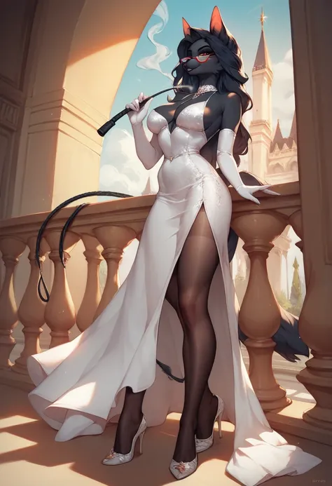 A sexy female boss wearing a long white dress, long gloves, pantyhose, high heels, a whip, glasses, and a black fur is smoking inside the balcony of the palace.