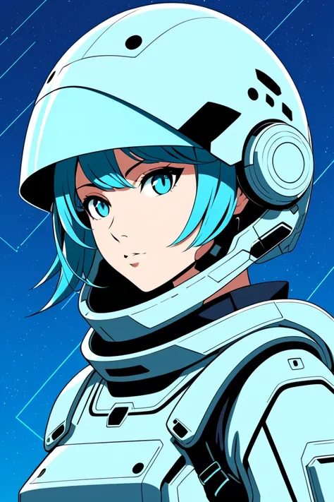 A female human soldier, with a fish-shaped helmet. The style is futuristic anime. The setting is clean and minimal, a sci-fi-themed background, no text or symbols. The colors are flat and stylized, resembling traditional anime aesthetics, with clean lines ...