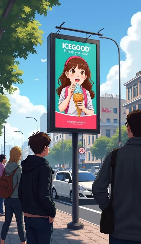 a high-resolution, realistic image of some people looking at a billboard on a busy avenue, where an advertisement for an ice cream brand is printed with an illustration of a girl enjoying an ice cream, and with a caption next to it that reads "ICEGOOD Refr...