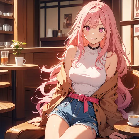 one human girl; long-haired pink; vibrant pink eyes; fair skin; thin waist; wide hips; big breasts; wearing a brown coat slightly draped over his arms; a low-cut black blouse; denim shorts; inside a café, sitting; having a coffee; with a cute, smiling expr...