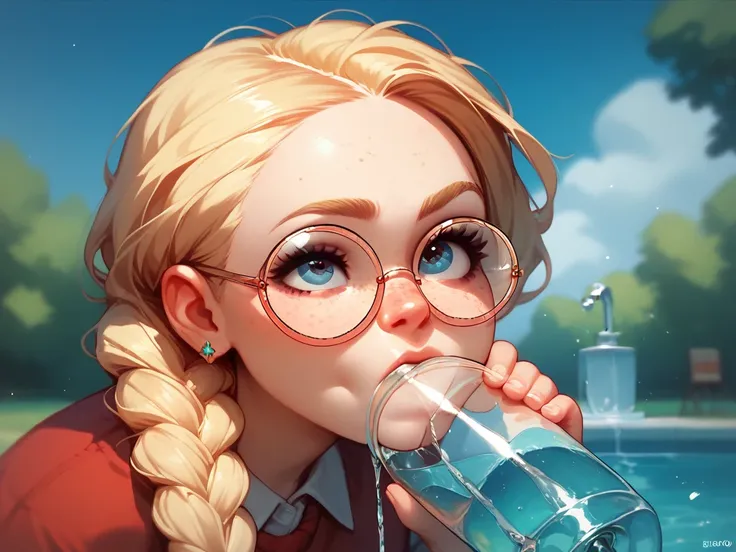 1 girl, ((by//blonde/braided)),  freckles on the face,  round lenses ,  school clothes drinking pineapple juice,  raising an eyebrow deep , Fono a water fountain  