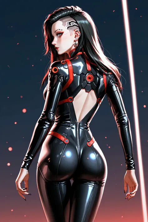 Cyberpunk, body suit, black and red, long hair, beautiful, 1 girl, punk, showing thighs, black hair, normal arms, face piercings, looking back