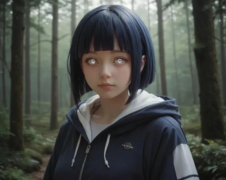 1girl,full body,hinata_hyuuga, portrait, short hair, blue hair, blunt bangs, sidelocks, white eyes, no pupils, hoodie, forehead protector, jacket, forest