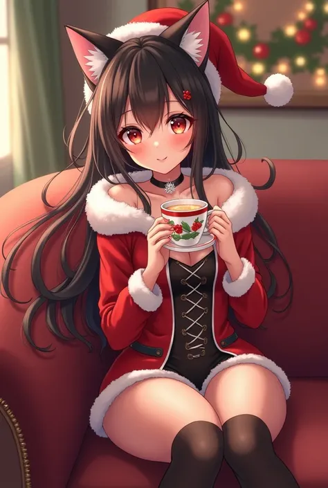 Sexy anime style kitten girl dressed as Christmas drinking a cup of tea