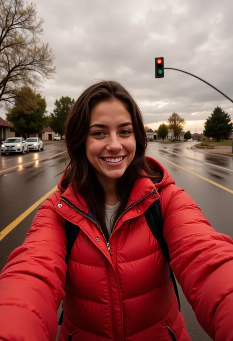 A young woman named Isabella is taking a selfie on a rainy day in the city of Puerto Varas. She is wearing a red Columbia parka, visibly wet from the rain, with droplets of water on her face. The scene captures a cloudy, gray sky typical of the region, wit...