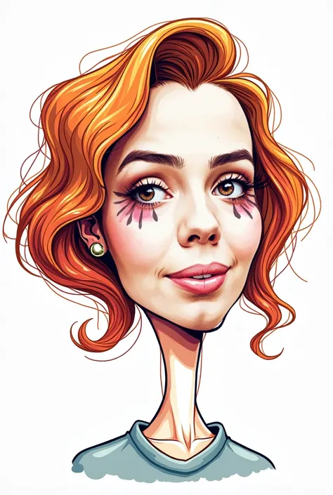  illustration, cartoon with a big head   ,  Exaggerated Features  ,   multicolored linear drawing on a white background, Scarlett Johansson 