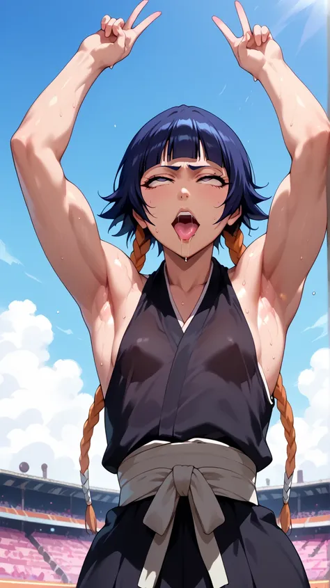 a picture, inspired by Kentaro Miura, trending on pixiv, soifon from bleach, black uniform, favorite scene, fine details, skins, sweating, small breasts, both hands raised, armpits, armpits visible, dripping with sweat, more more sweat, ((Japanese clothes)...