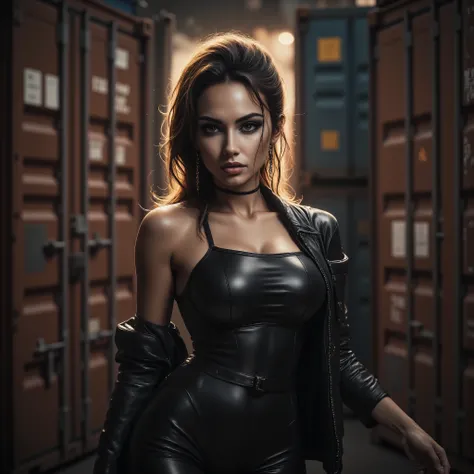 arafed woman with a brown eyes and bold makeup. Shes wearing a tight leather bodysuit with latex pants and a leather jacket, her long hair is styled in a sleek updo, hazel eyes, perfect make-up, cannon 6d, octane render, power pose, striking, expressive lo...
