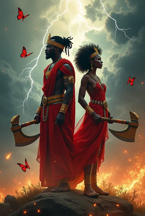 Create the image of a black Orixá Iansã and Xangô couple , Xangô is king with two axes in his hand, red clothes and Iansã has no crown and hair afro with a snake sword in his hand Scenario of storms with lightning and wind with red butterflies