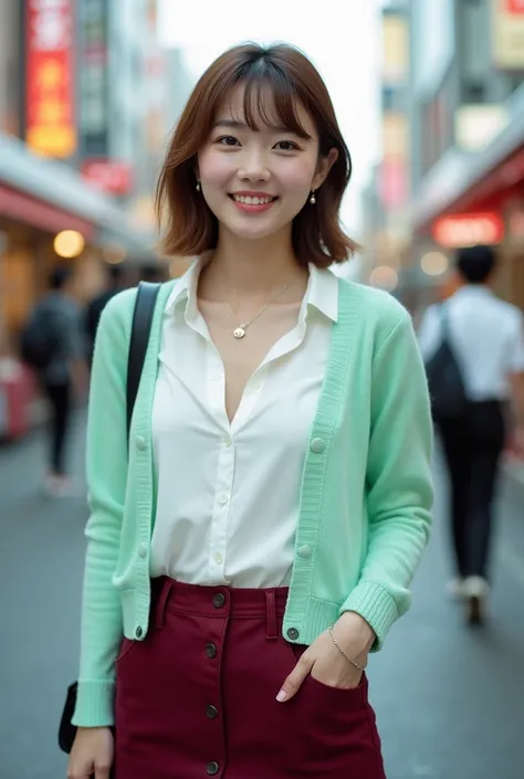 RAW photo, standing near Shinjuku Station, midday, front, looking at viewer, (round face, baby face), attractive smile, Japanese woman, mid 20s, (beautiful eyes, light brown straight short hair, bangs, thin lips), (earrings, necklace) (C cup breasts, wide ...