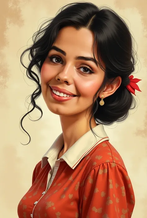 To do , a realistic full body shot ,Exaggerated ,cartoon ,of Indonesian women ,  with a pleasant smile , This masterpiece captures the essence of the era,  radiating nostalgia and vintage charm ., simple background .high detail