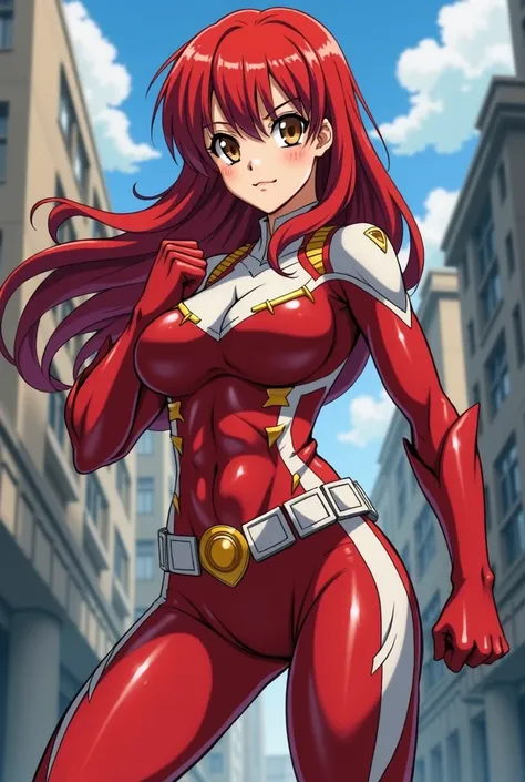 My Hero Academia Style , Anime girl, female, young female ,Full Body Shot,(fighting stance:1.3),Long hair, Red Hair,  Brown Eyes,Hero Suit, Full Body Suit, red suit with white details, perfect anatomy,  （Toughened Abs）,super detailed,(Buildings:1.2）