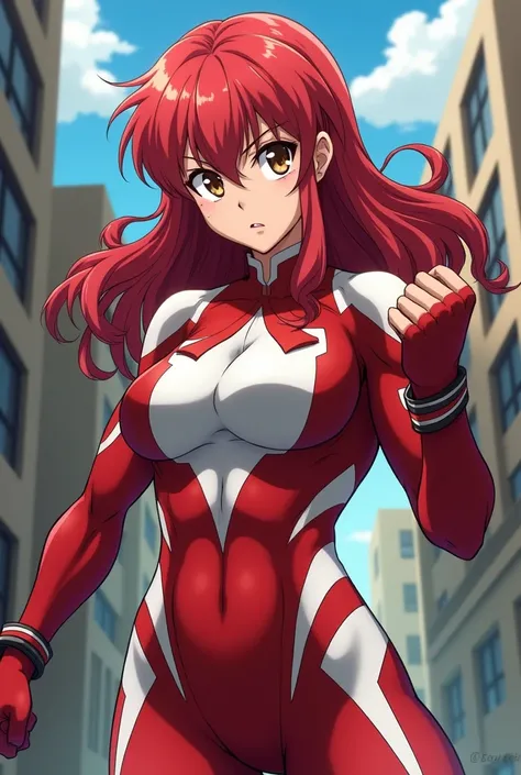 My Hero Academia Style , Anime girl, female, young female ,Full Body Shot,(fighting stance:1.3),Long hair, Red Hair,  Brown Eyes,Hero Suit, Full Body Suit, red suit with white details, perfect anatomy,  （Toughened Abs）,super detailed,(Buildings:1.2）