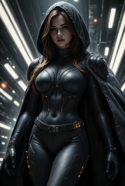 attractive woman in combat clothes, solo,beautiful face, brown hair,black battle suit, sci-fi, science fiction, cape, leather hood,