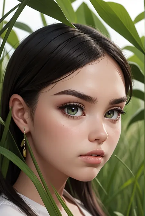 Bony face, white skin, large grass-colored eyes, long teeth, small nose, red, pouty lips, wide black eyebrows, tall and thin with very long grass-colored hair.