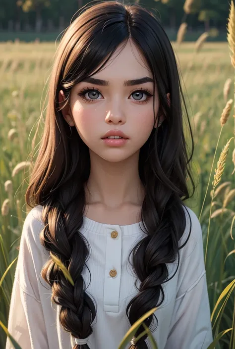 Bony face, white skin, large grass-colored eyes, long teeth, small nose, red, pouty lips, wide black eyebrows, tall and thin with very long grass-colored hair.