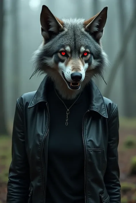 a wereswolf with a wolf like head but with no fur on it with pointed ears and sharp long fangs she was about two meters tall, the color of her skin become grey and her claws are long and sharp, red eyes, glowing red eyes. wearing a black shirt and a leathe...