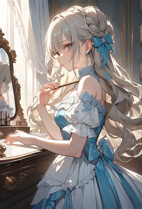 "Masterpiece, best quality, ultra-detailed, high resolution, sharp focus, intricate details, vivid colors, clean outlines, refined rendering.

1girl, silver-blonde hair, blunt bangs, long wavy hair, soft gray eyes, Victorian-style gown, pastel blue and ivo...