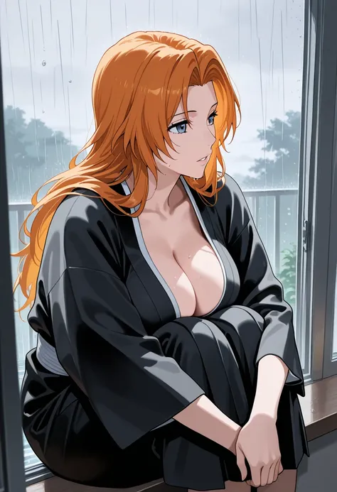 masterpiece, best quality, very aesthetic, Rangiku Matsumoto 1girl, solo, big breasts, cleavage, long hair, orange hair, japanese clothes, black kimono, hoari, bedroom, bed, windowsill, knees up, hugging knees, from side, sitting on windowsill, water drop,...