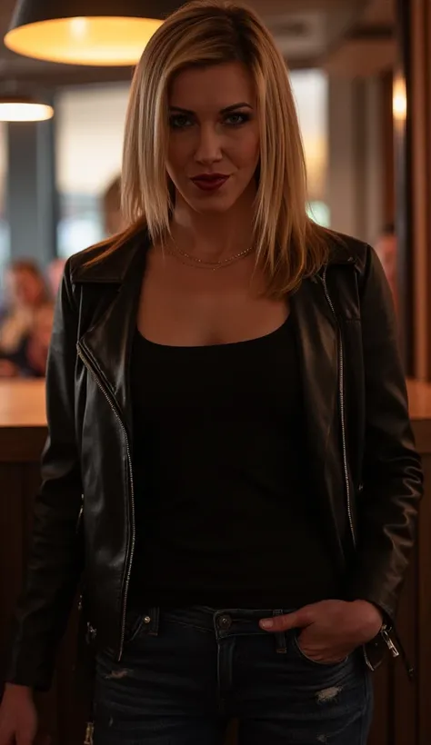 this image is of a women with straight blonde hair that cascades over her shoulders, standing in a cafe wearing a leather jacket, black  tshirt and jeans, looking at the viewer, devilish smirk