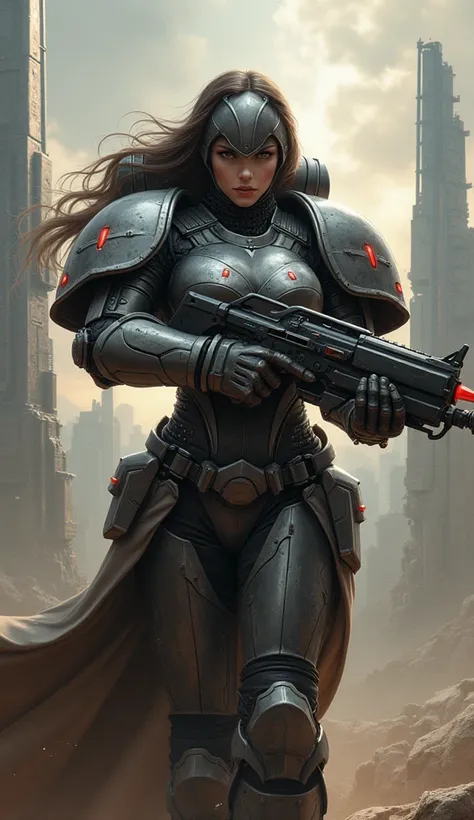 Fantasy, sci-fi, Warhammer 40000, woman tank, heavy armored, mechanical armor, heavy gun, masterpiece, detailed, 8k, realistic painting, splash art ended, 