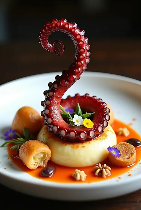 Roasted octopus tentacle ,  on a bed of mashed potatoes, walnuts and paprika ,  an ingot of potato puff pastry and an oval fried croquette adorned with edible flowers and micro greens 