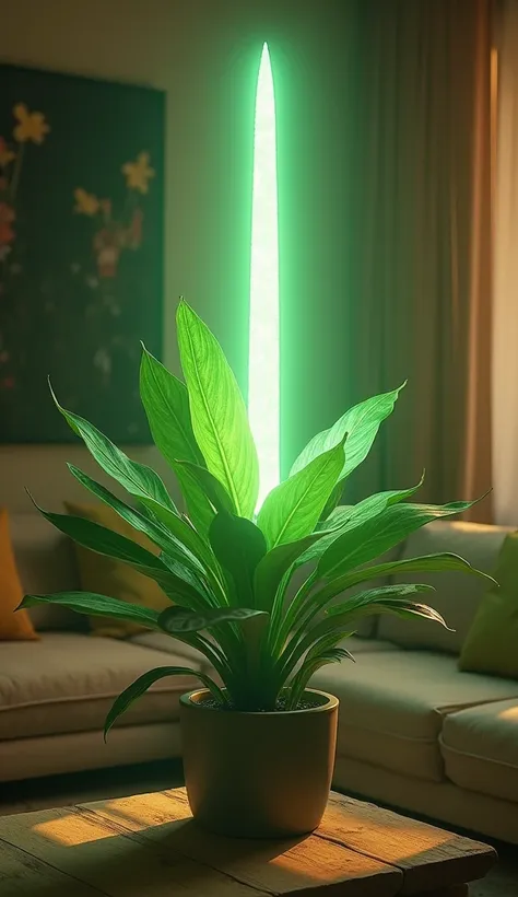  A Saint Georges sword plant with a glowing energy field surrounding it, like a protective aura .

Environment:  cozy living room with the plant as a highlight .
