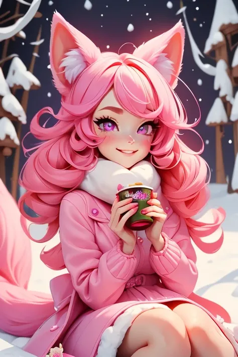 Perfect face. Perfect hands. A pink haired woman with violet eyes and pink fox ears and a pink fox tail in a cute winter dress is smiling while sipping hot chocolate in a winter wonderland