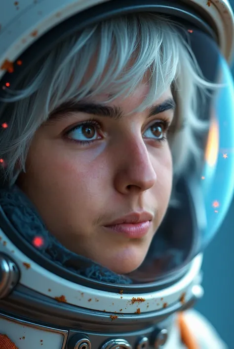  Close-up of an improved masterpiece:1.5)0.9], (Space and astronauts:1.2) ( Messy silver hair:1.1) (heterochromia:  xanthochromia and blue eyes :1.2) (Space helmet:1.0) ( Colored stars in the eyes:1.0) (A radiant glow:1.1) ( Thick lips:0.9)