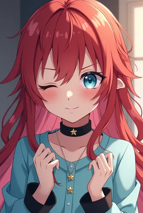 ( anime style )

appearance:  Girl with crimson red hair and long ,  sky blue eyes, body defined hybrid human dragon ,  with black cuffs , star brooches , disheveled hair, light skin,  20 years old

dress :  opaque light blue shirt and a necklace the same ...