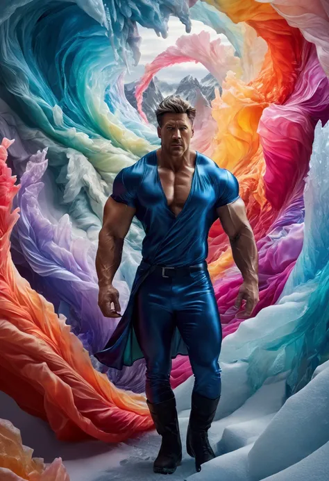 a colorful swirling vortex of vibrant hues, dynamic motion, frozen tundra landscape, intense heat, 1 middle-age chiseled muscular man, 1 sexy woman, transparent colourful silky outfit, (best quality,4k,8k,highres,masterpiece:1.2),ultra-detailed,(realistic,...