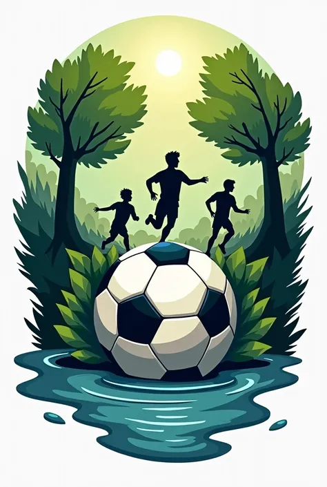 Create a football logo where the forest in front will be a soccer ball with three players in the background, and water will flow there and the logo will be called Underforrest FC