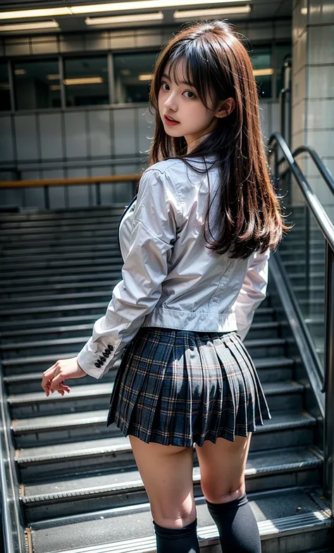 Escalator Skirt、 high school girl uniform、 blazer、  brown plaid pleated skirt 、  white panties、   dark blue knee-high socks   、 rear view 、  very low camera angle 、 back arched、  VANISHING OVER 、 punch、teeth