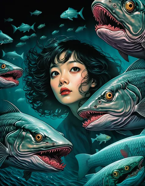  illustrations、art、From an 80&#39;s horror movie, Supervised by Junji Ito、deep sea fish、 high detail,  realistic shadows、 Analog Style ,  Color Difference,Complementary color gradients、 Surrealist 