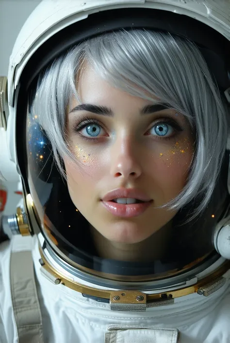 (Close-up of a better masterpiece:1.5)0.9], (Space and astronauts:1.2) (Messy silver hair:1.1) (Heterochromia xanthochromia and blue eyes:1.2) (Space Helmet:1.0) (Colored stars in the eyes:1.0) (A radiant glow:1.1) (thick lips:0.9)