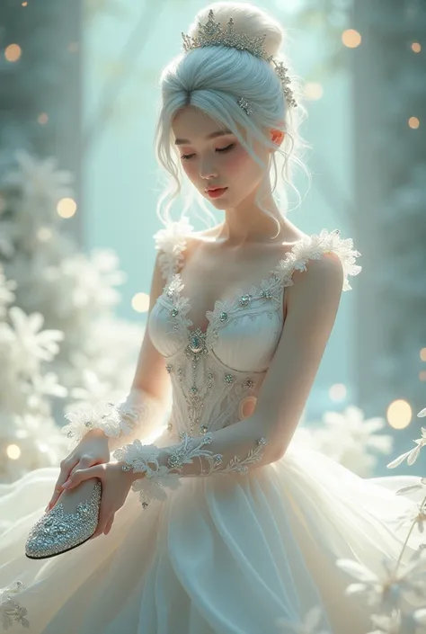 " Create a visually stunning and ethereal fantasy character in a delicate ,  flowing white dress adorned with sparkling jewels and delicate lace .  her iridescent silver hair is styled in an elegant bun with small mystical ,  shiny ornaments woven into it ...