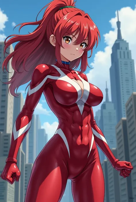  My Hero Academia Style ,   anime girl , woman, young woman ,  full body shot ,( Fighting Stance :1.3),Long Hair, Red Hair,   Brown Eyes , hero suit, Full Body Suit,  red suit with white details, perfect anatomy,  enhanced abs , super detailed,(building:1....