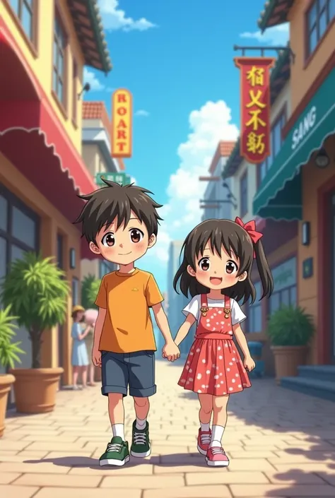 Make an image of a teenage boy and a busty teenage girl holding hands and walking on the streets and they are smiling . In anime artstyle 