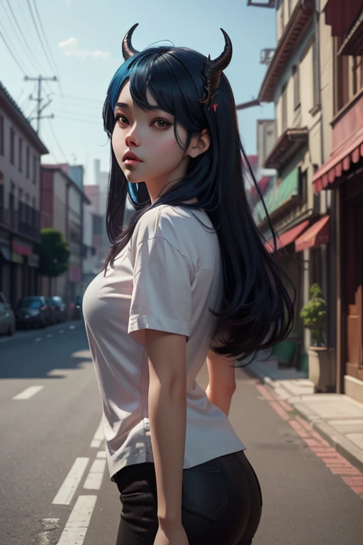 A detailed anime girl with long blue hair and small horns, standing on a city street, 2.5D realistic anime style, cgi anime fantasy artwork, anime style 2.5D, detailed digital anime art, white shirt, dragon wings, ultra-detailed, (best quality,4k,8k,highre...