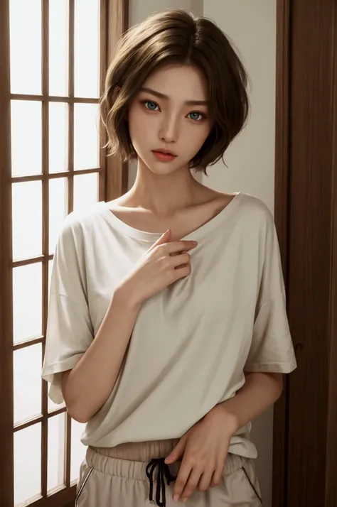 High quality, Masterpiece, High resolution, Beauty, girl of slightly Asian appearance, Model, subtle makeup, sly cat eyes, short hair: 1.2, long bob haircut with slightly wavy brown hair, big green eyes, golden section, 25 years old, small breasts: 1.2, pe...