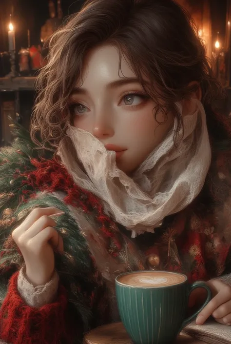 A beautiful woman with beautiful eyes:1.2, detailed eyes, beautiful full lips, highly detailed eyes and faces, long eyelashes, cute expression, smile, sitting:1.4, holding a cup of hot latte, homely background, Christmas sweater, fireplace, warm light, det...