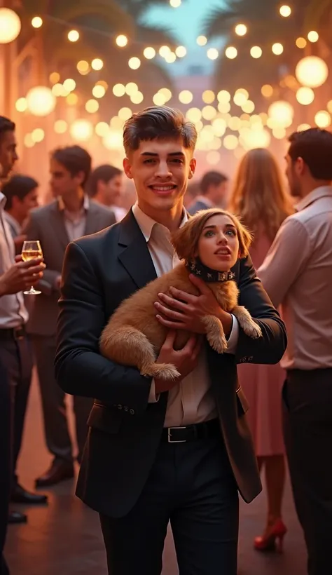 Create a consistent male character while maintaining facial features.
The man is carrying a dog in the middle of a party surrounded by several people