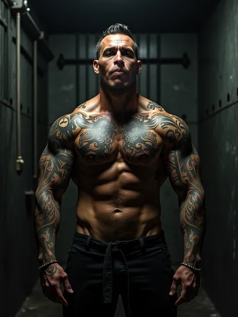 Create a muscular man who is in prison dressed  all tattooed muscular and elegant real photo