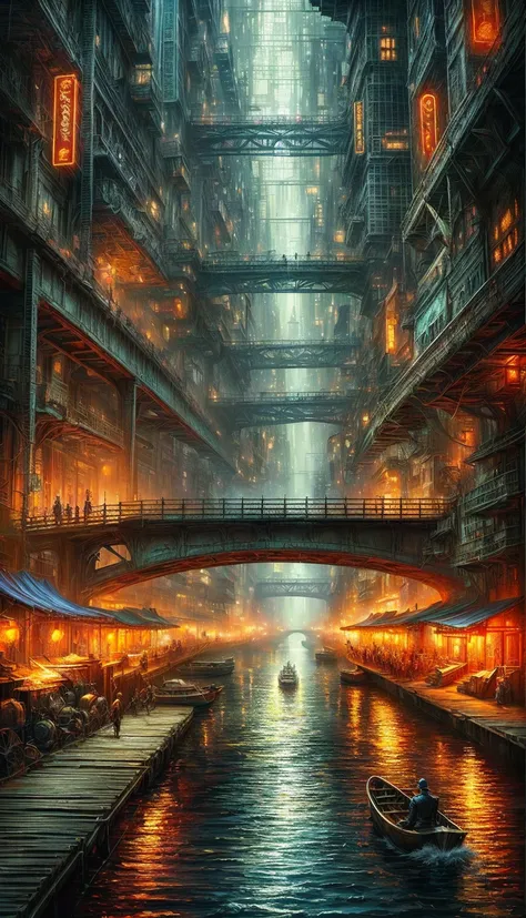 there is a boat that is floating down a river in a city, in fantasy sci - fi city, like a scene from blade runner, 4k highly detailed digital art, elaborate matte painting, symmetrical epic fantasy art, in steampunk cityscape, extravagant matte painting, g...